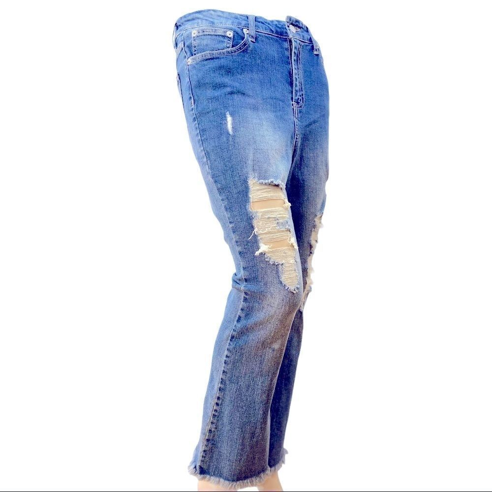 High Waist Distressed Denim Ankle Jeans - NEW